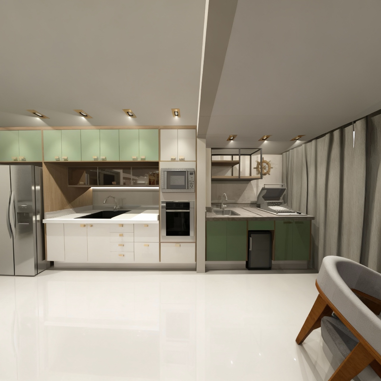 Render 3D em destaque — cozinha integrada com poltrona e gourmet