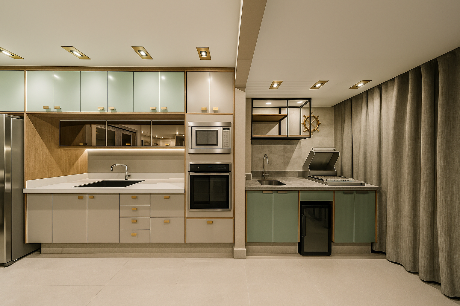 Render 3D — cozinha com armários verde sage e detalhes em madeira